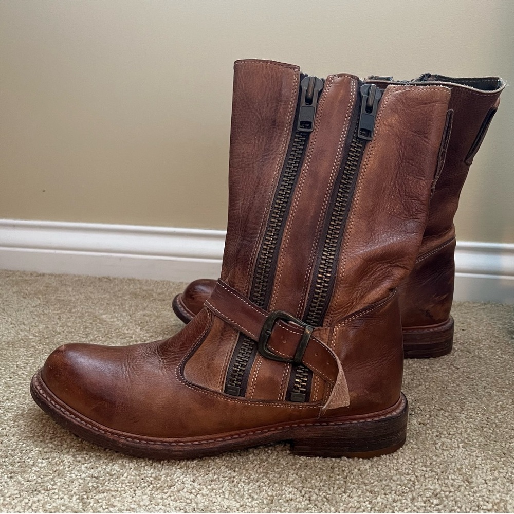 BED|STU Biker Brown Leather Mid-Calf Zip Boots